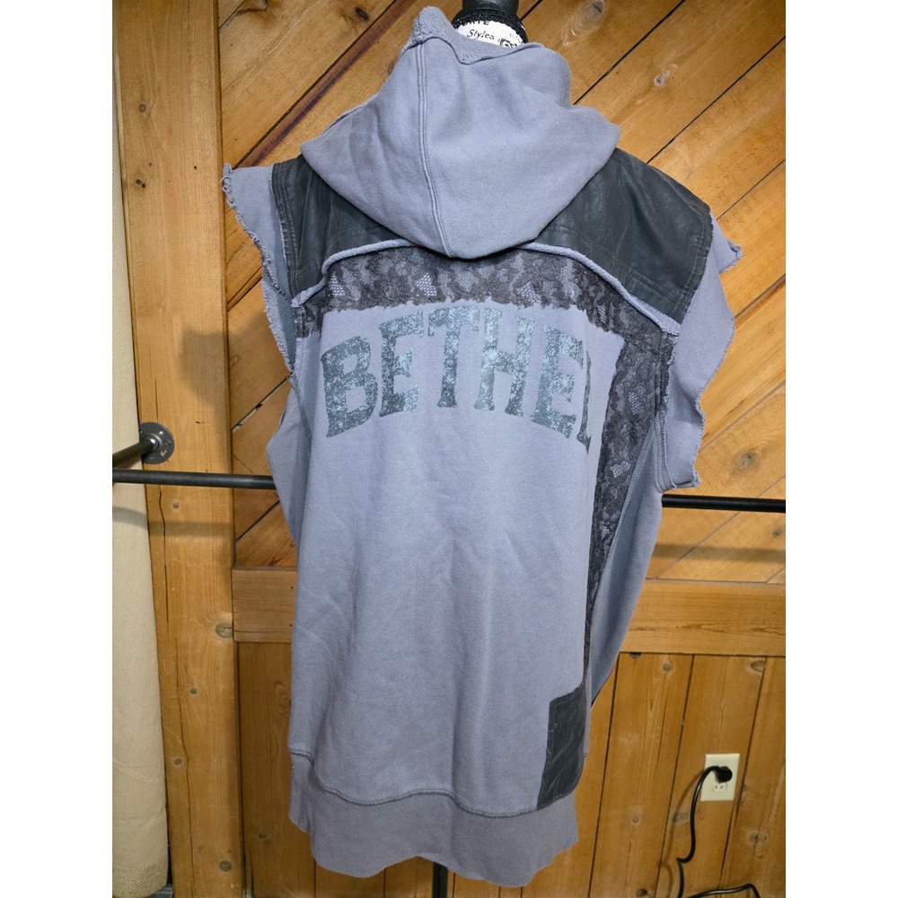 We The Free Free People Bethel Mixed Media Lace Faux Leather Zip Hoodie Vest L - Picture 4 of 4